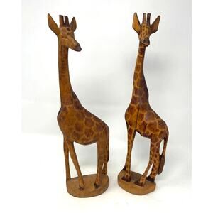 Pair Vintage Hand Carved & Painted 12" Tall Giraffe Figurines Made in Africa